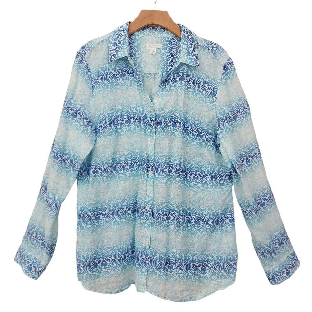 Charter Club Linen Shirt Womens XL Blue White Roll Tab Long Sleeve Coastal